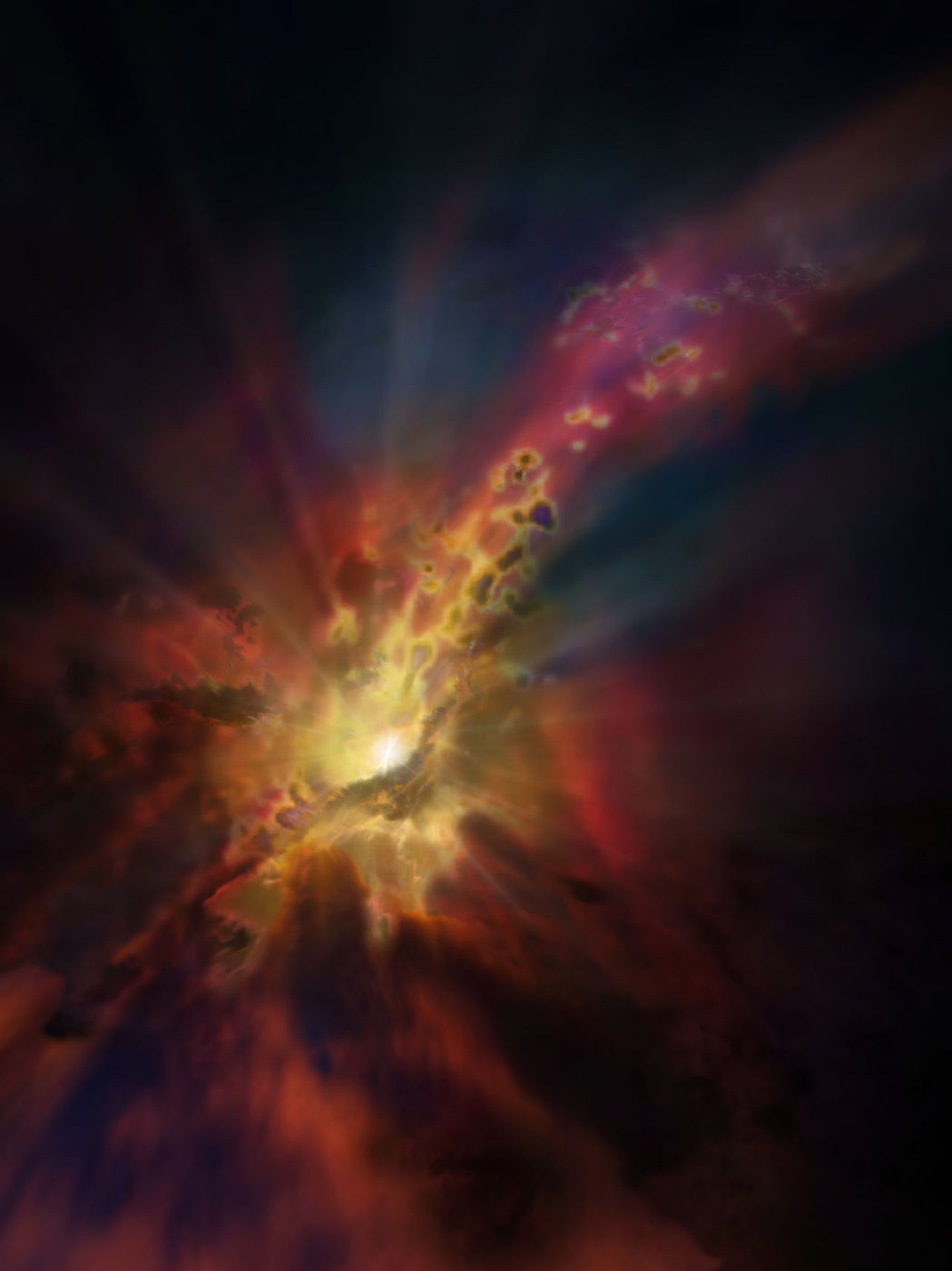 This artist's concept shows condensing clouds of cold molecular gas being accreted by the Abell 2597 Brightest Cluster Galaxy. The clouds condense out of the hot, ionized gas that suffuses the space between among the galaxies in this cluster, according to a statement from the European Southern Observatory.
