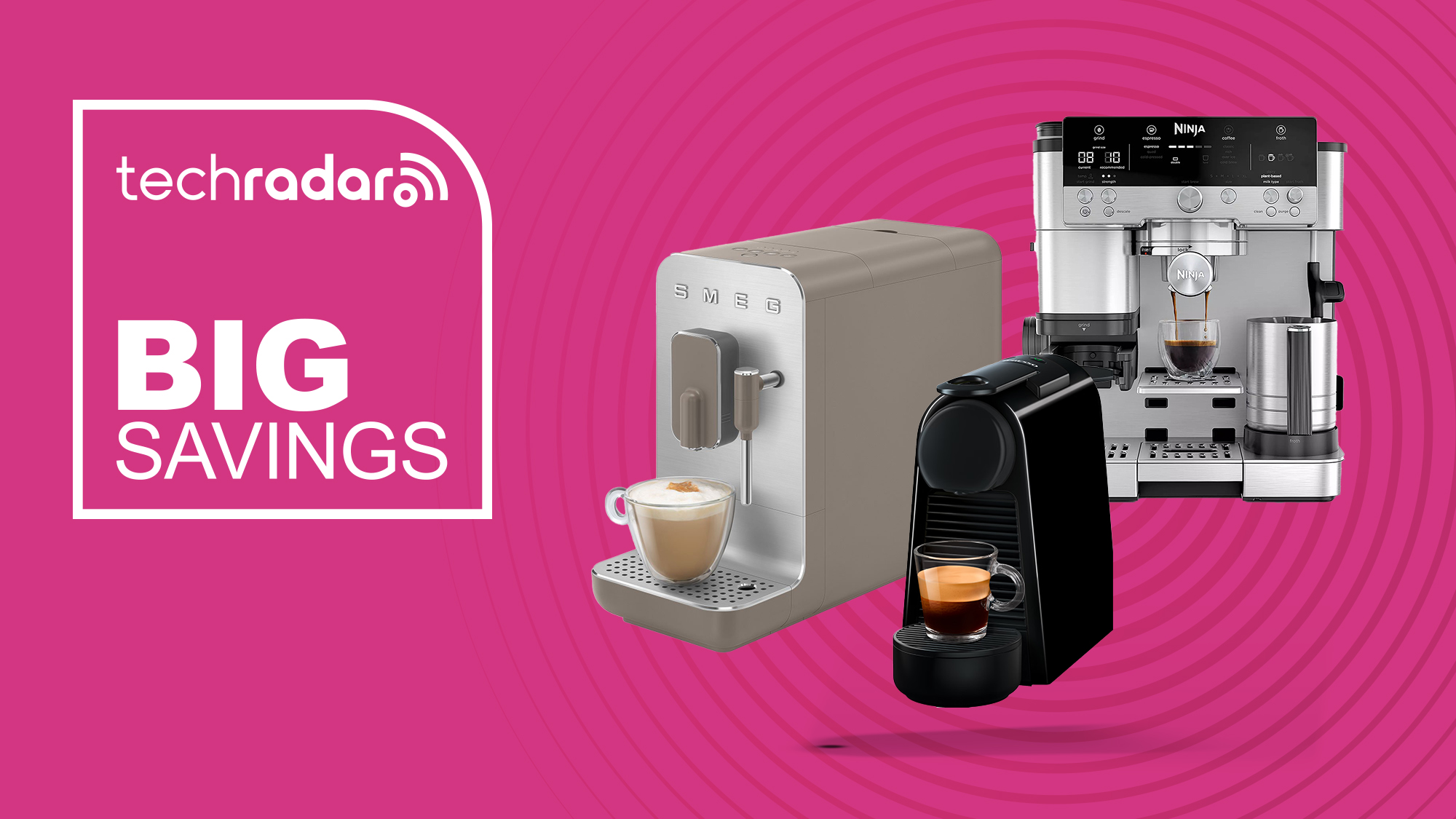 Coffee machines on a magenta background with a Big Savings logo