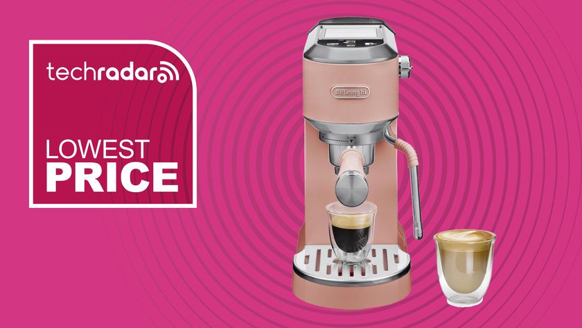De&#039;Longhi Dedica Duo espresso machine on pink background with text reading &#039;TechRadar Lowest Price&#039;