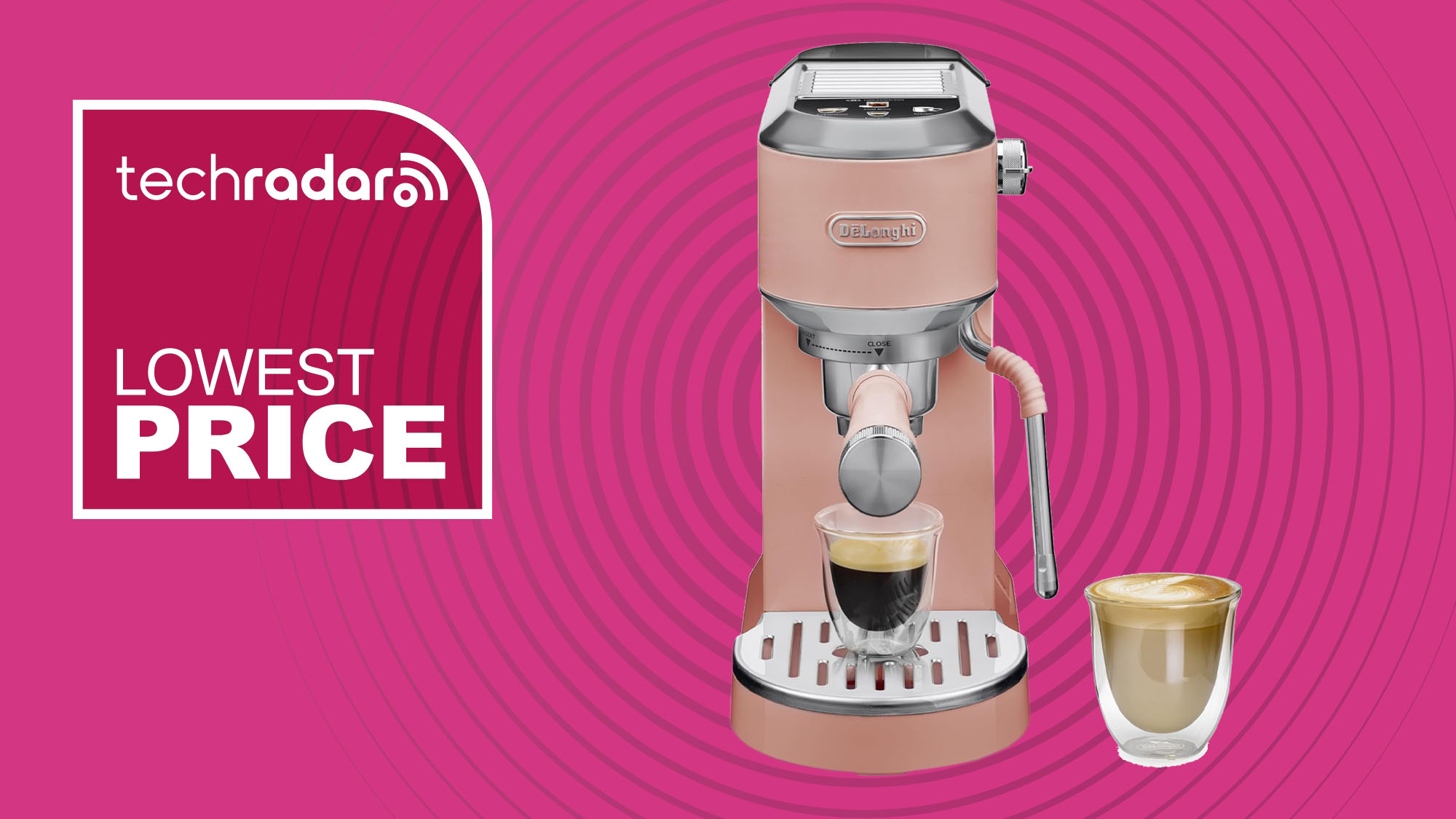 De&#039;Longhi Dedica Duo espresso machine on pink background with text reading &#039;TechRadar Lowest Price&#039;