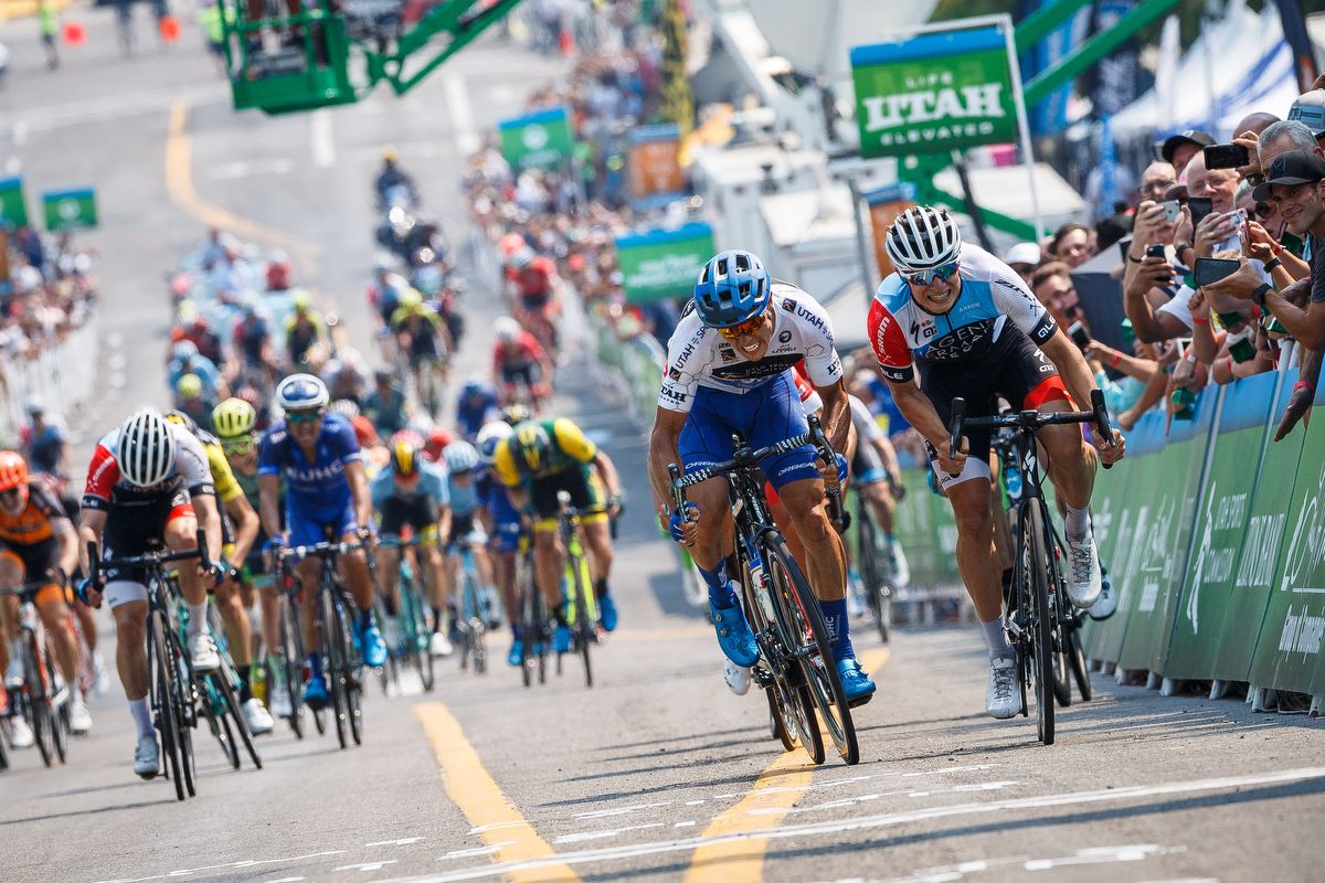 Travis McCabe and stage winner Jasper Philipsen battle to the line at the end of stage 4 in Utah
