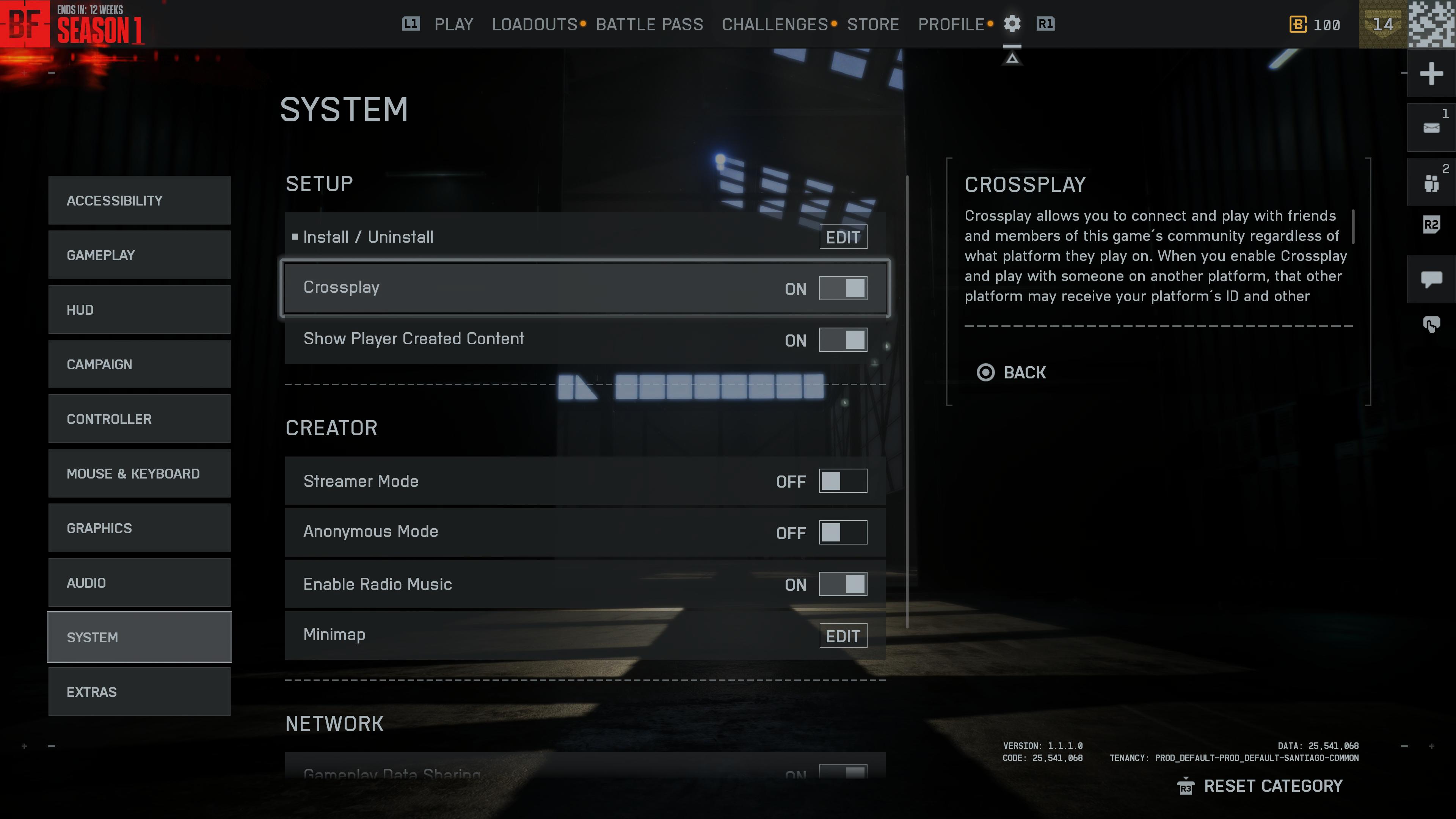 The System settings in BF REDSEC
