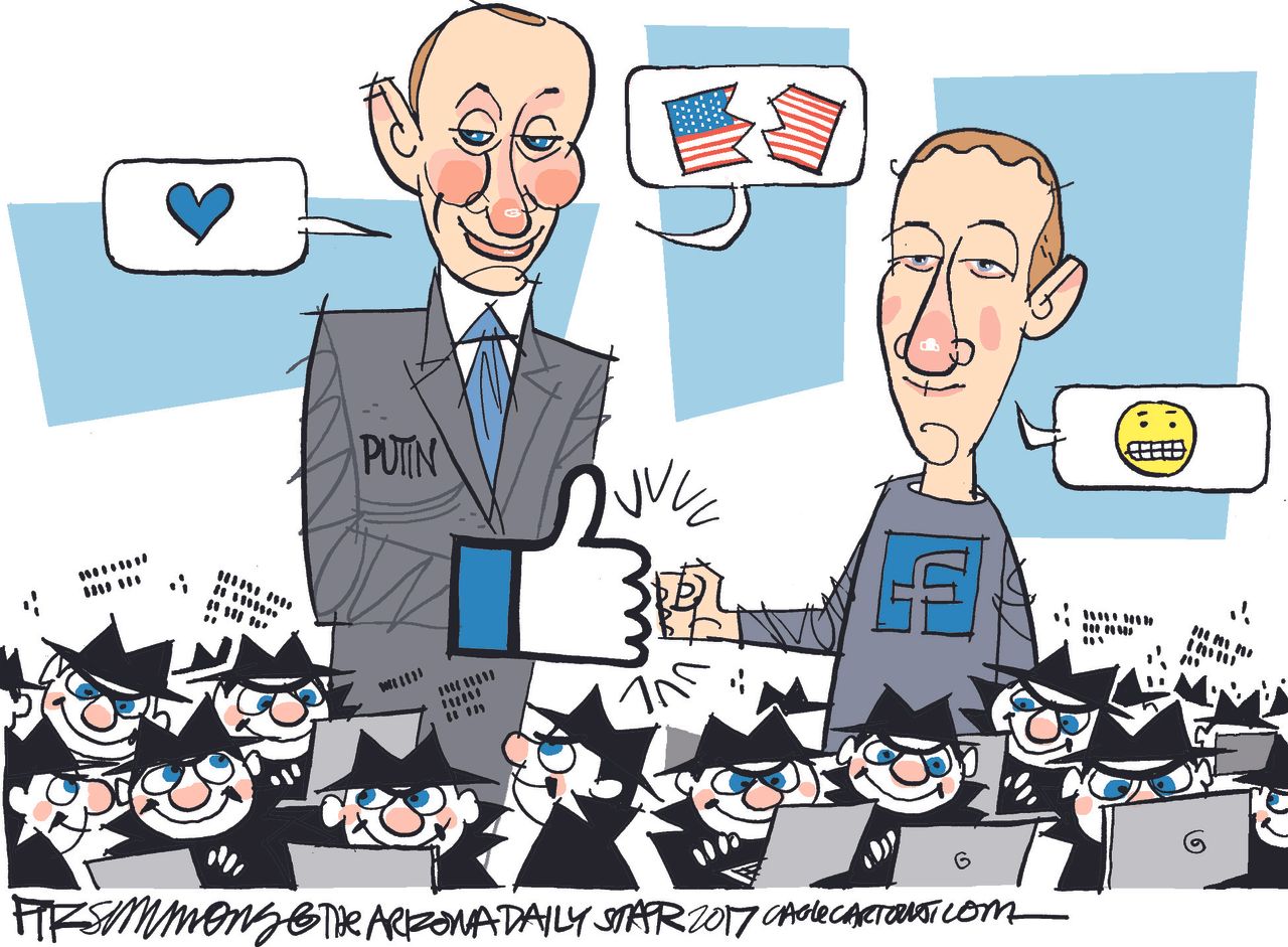 Political cartoon U.S. Russia 2016 election meddling Facebook fake news