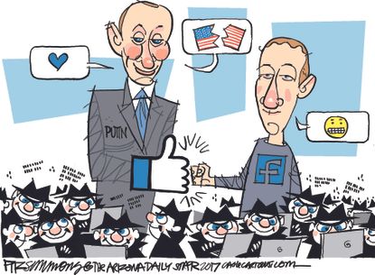 Political cartoon U.S. Russia 2016 election meddling Facebook fake news