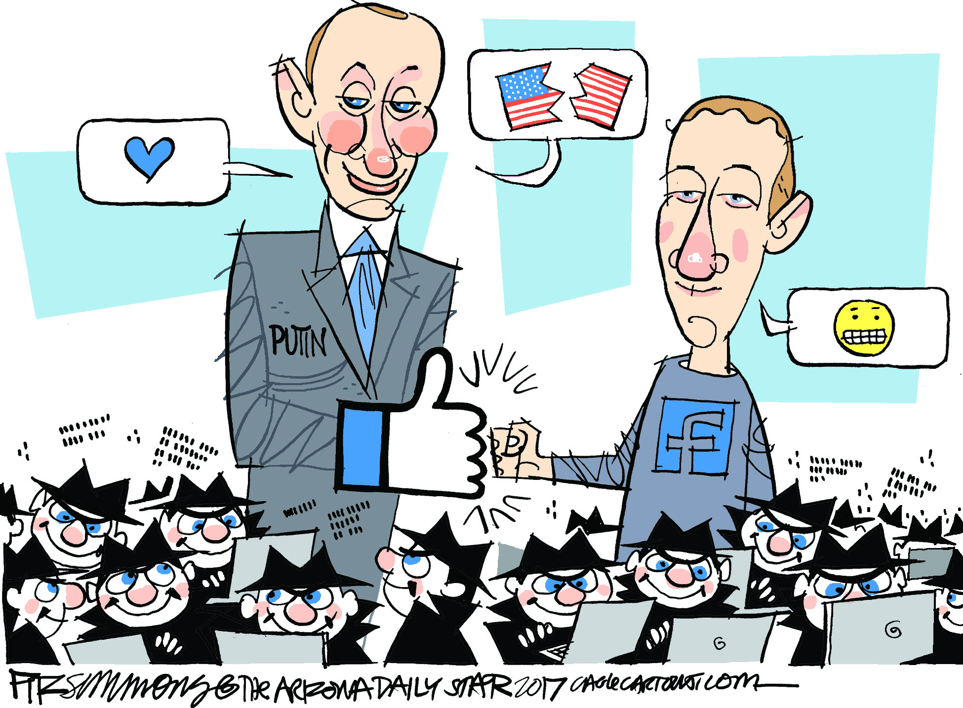 Political cartoon U.S. Russia 2016 election meddling Facebook fake news