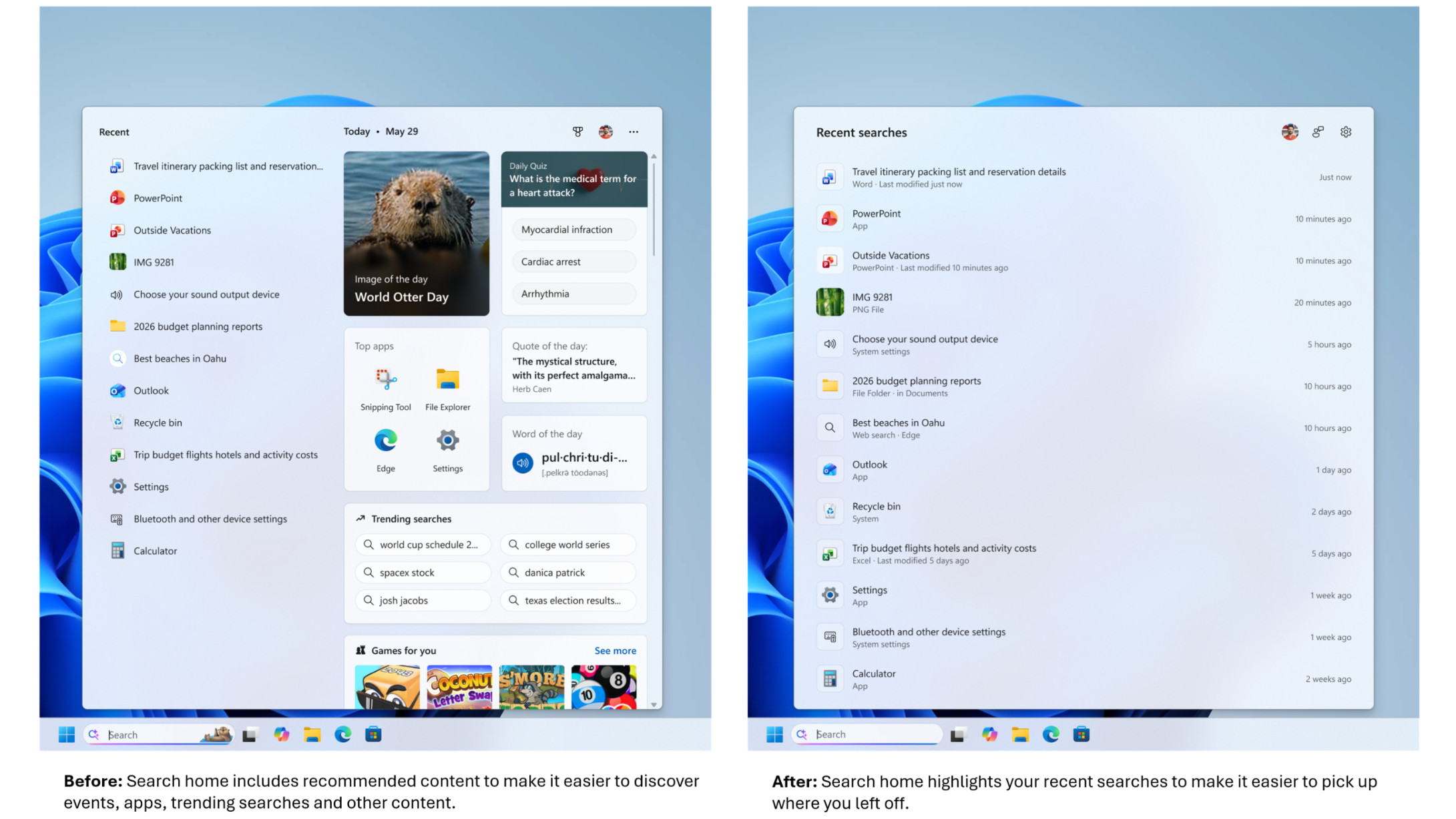 Screenshot of Windows 11 search revamp in 2026 showing old results versus new more streamlined panel