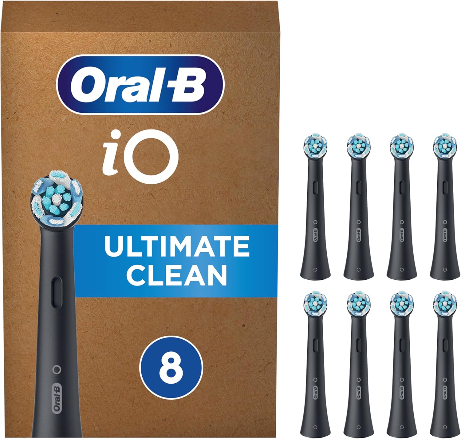 Oral-B Io Ultimate Clean Original Electric Toothbrush Heads, Black, Pack of 8 Replacement Toothbrush Heads With Angled Bristles for Deep Plaque Removal, Packaging May Vary