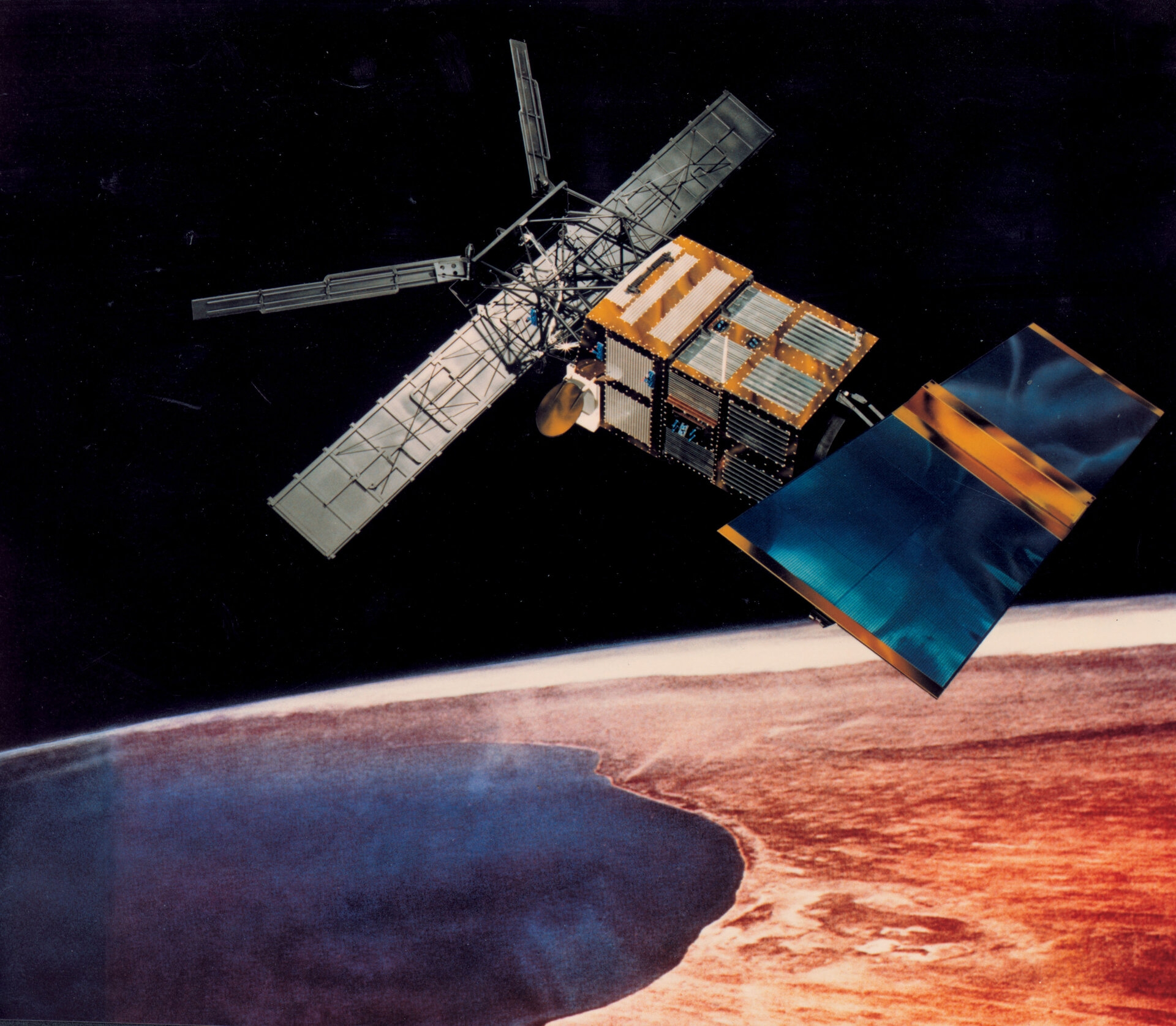 a painting of a satellite with two square blue solar arrays at the bottom, and four skinnier, longer ligher blue arrays at the top. its body is rectangular. it floats before the black of space and above a slice of deserted Earth.