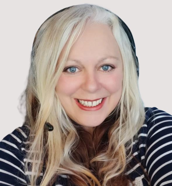 A woman with long blonde hair wearing a headset, smiling at the camera