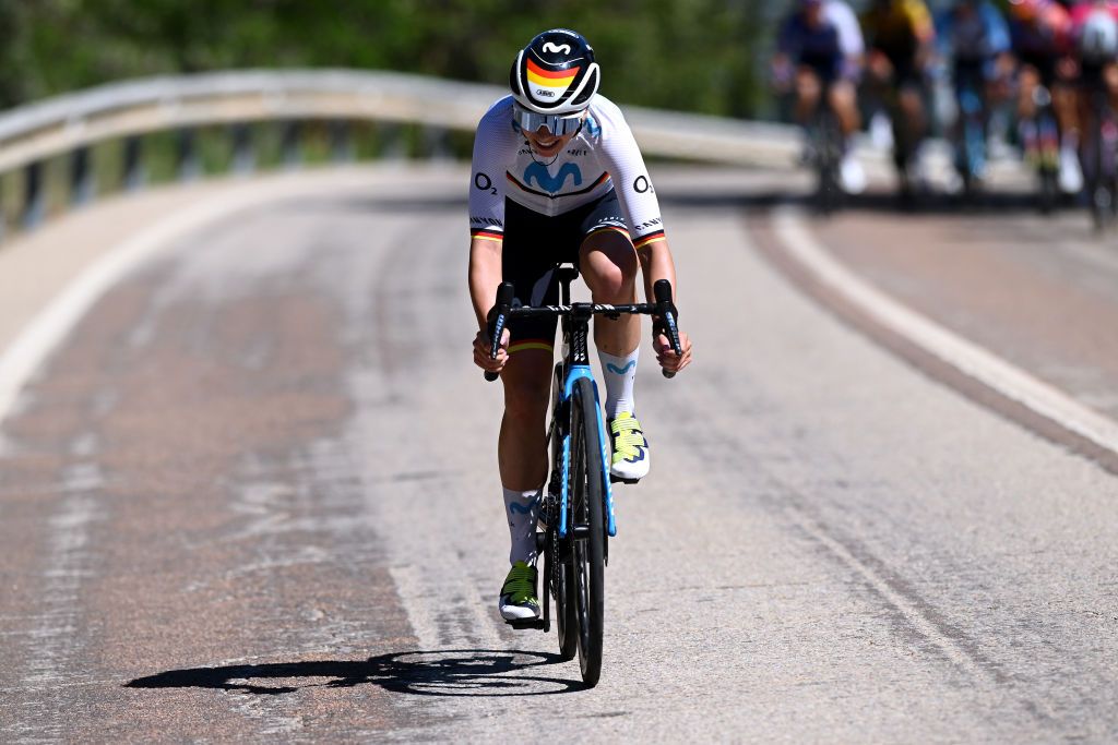 GUADALAJARA SPAIN MAY 04 Liane Lippert of Germany and Movistar Team attacks during the 9th La Vuelta Femenina 2023 Stage 4 a 1331km stage from Cuenca to Guadalajara UCIWWT on May 04 2023 in Guadalajara Spain Photo by Dario BelingheriGetty Images