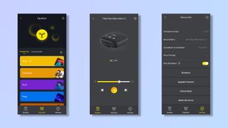 Screenshots of the Tribit mobile app, paired with the Tribit Stormbox Micro 2 speaker