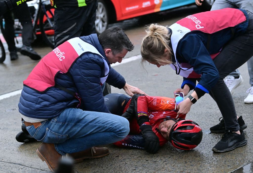 Polish Michal Kwiatkowski of Ineos Grenadiers lies on the ground after a crash during the mens GentWevelgem In Flanders Fields cycling race 2609 km from Ieper to Wevelgem Sunday 26 March 2023 BELGA PHOTO DIRK WAEM Photo by DIRK WAEM BELGA MAG Belga via AFP Photo by DIRK WAEMBELGA MAGAFP via Getty Images