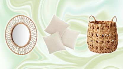 Boho mirror, throw pillows and basket on green background