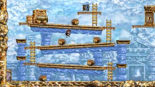 Best puzzle games - In Braid, the suited player character leaps over a waddling enemy.