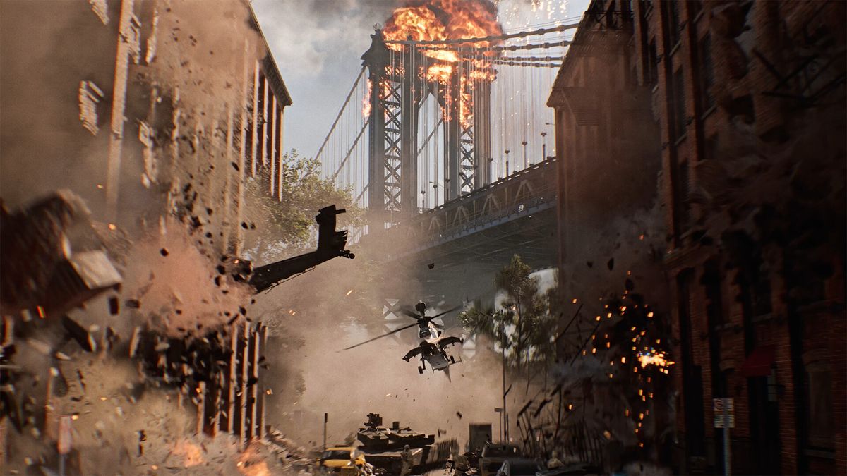 Battlefield 6 screenshot showing a helicopter crashing into a building as a bridge explodes in the background