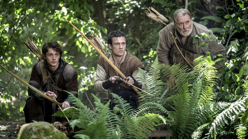 Will, Robin, and Gamewell hiding in the bushes in MGM+'s Robin Hood Season 1x02