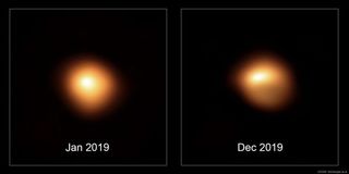 An image captured by the European Southern Observatory's Very Large Telescope in Chile shows Betelgeuse in December 2019, at right, early in what would become the dramatic dimming episode that culminated in February 2020.