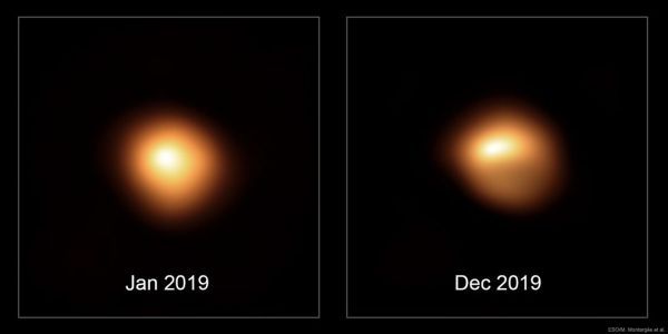 An image captured by the European Southern Observatory&#039;s Very Large Telescope in Chile shows Betelgeuse in December 2019, at right, early in what would become the dramatic dimming episode that culminated in February 2020.