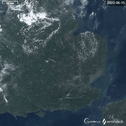 Images showing the difference in the state of vegetation in Britain in June and July 2022.