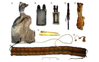 The ritual bundle consisted of a leather bag, two wooden snuffing tablets, a snuffing tube decorated with human hair, a fox-snout pouch, two llama-bone spatulas, two small pieces of dried plant material attached to wool and fiber strings, and a woven-textile headband.