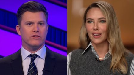 From L to R: Colin Jost hosting Pop Culture Jeopardy!, Scarlett Johansson interviewing for CBS Sunday Morning.