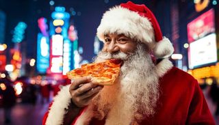 AI generated image from prompt "A Santa eating Pizza in Times Square"