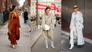 street style models wearing trench coats with dresses and sequins