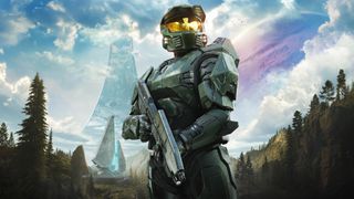 Halo Campaign Evolved artwork showing Master Chief posing with his assault rifle on the ring