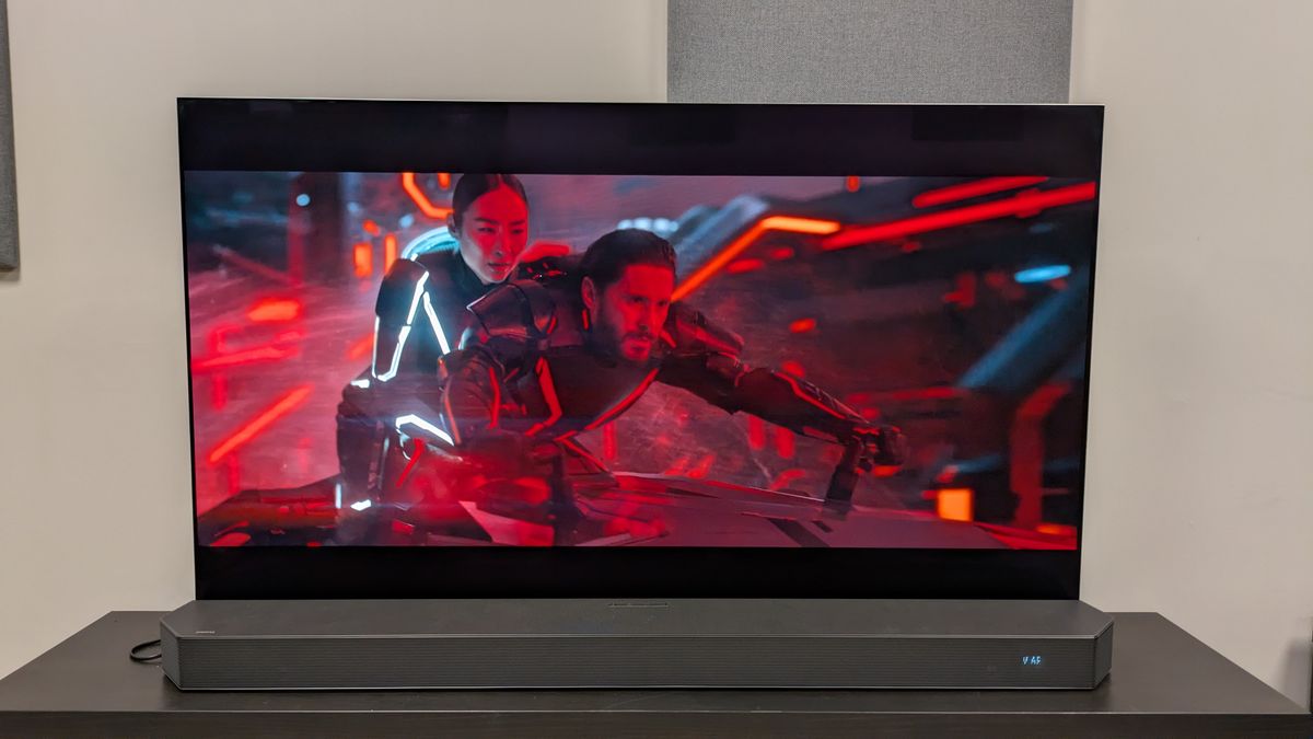 Tron: Ares 4K Blu-ray showing Ares and Eve on bike, shown on LG G5