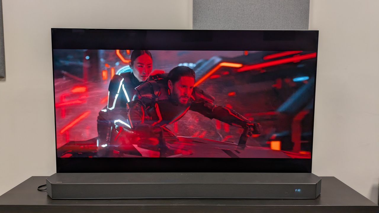 Tron: Ares 4K Blu-ray showing Ares and Eve on bike, shown on LG G5