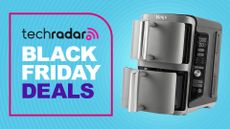 Ninja Double Stack air fryer on blue background with text reading "TechRadar Black Friday deals"