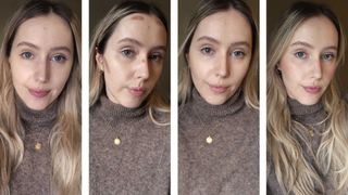 On the far left, is a close-up of Digital Beauty Writer, Naomi Jamieson just wearing foundation without the Westman Atelier Face Trace stick. Next, a picture of where Naomi has placed the contour, with lines under her cheekbones, on her nose, jawline and forehead. Second to the right, a picture showing the lines having been blended and finally, a close-up of Naomi wearing a full face of makeup, with the Westman Atelier Face Trace stick applied.