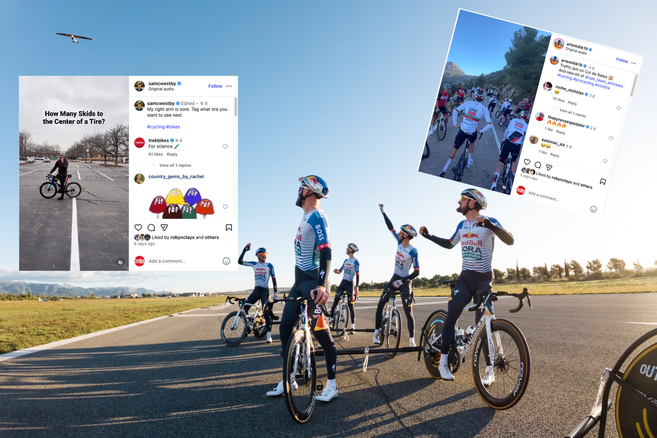 A group of cyclists cheer on a plane with instagram posts on top