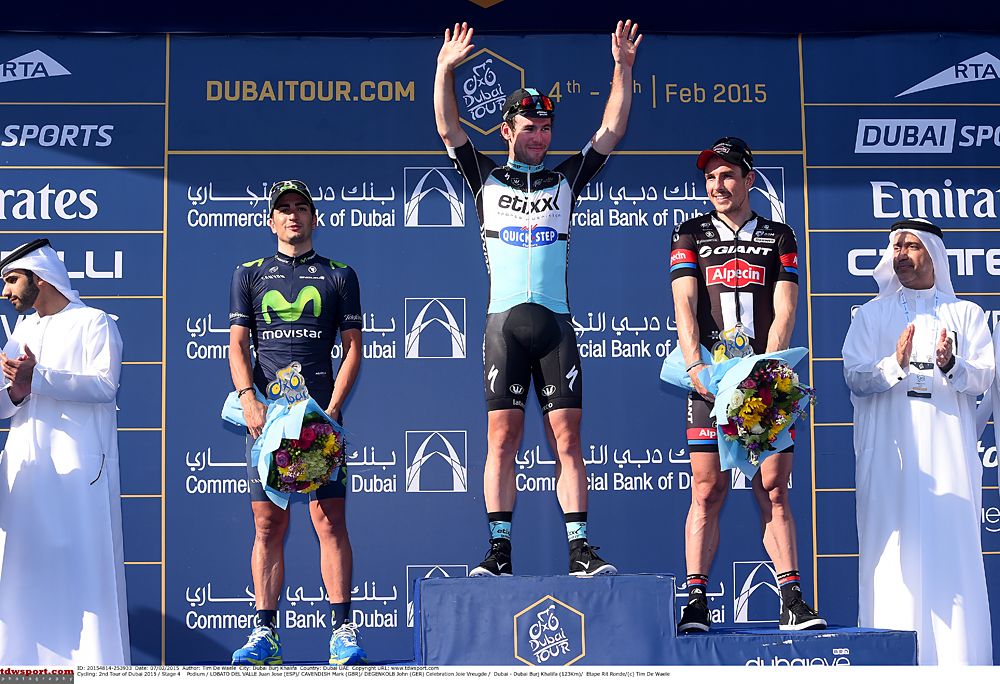Dubai Tour final podium (l-r): Juan Jose Lobato (Movistar), Mark Cavendish (Etixx-QuickStep), John Degenkolb (Giant-Alpecin)