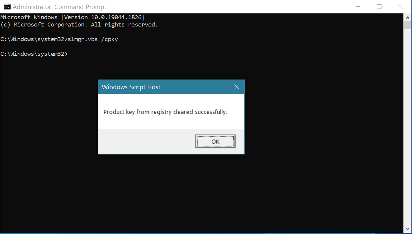 Product key cleared from registry successfully