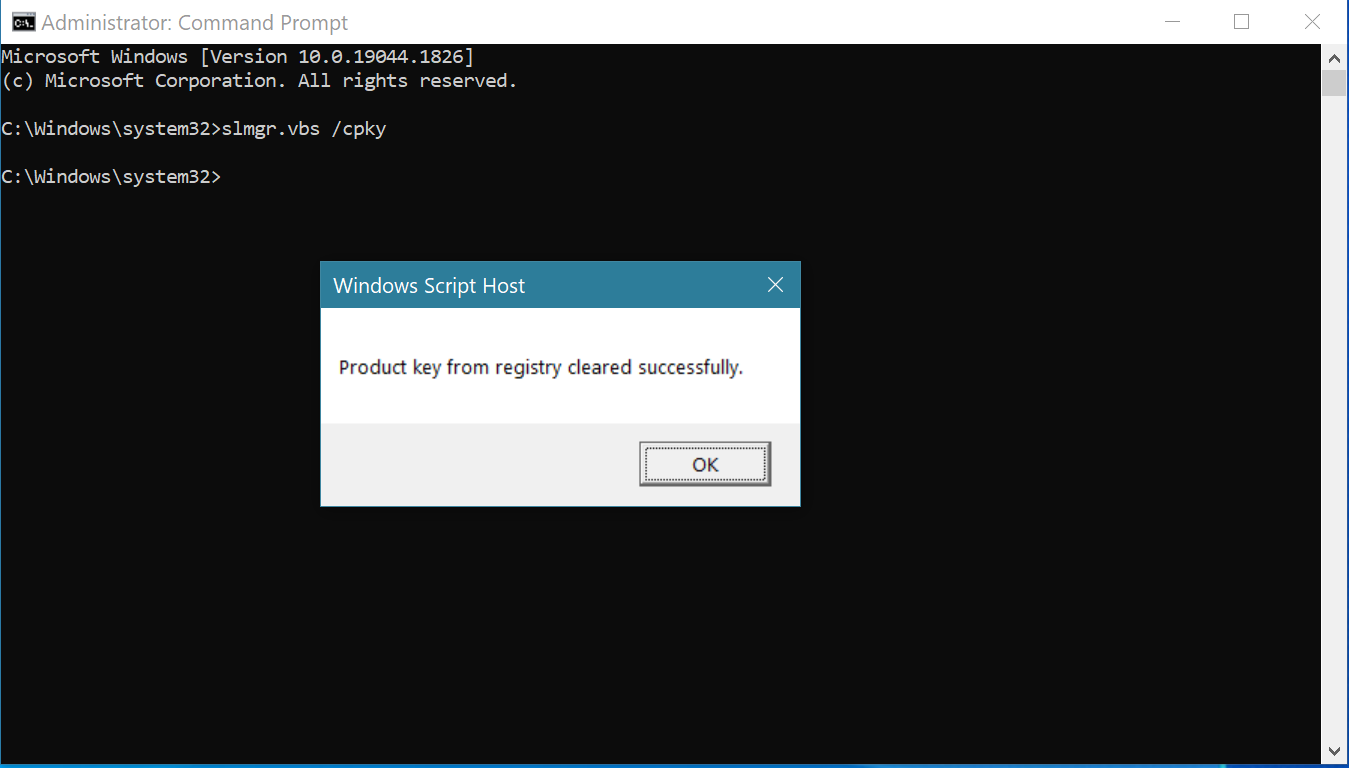 Successfully cleared the product key from the registry