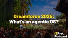 The text "Dreamforce 2025: What's an agentic OS?" against a dark photo of the keynote crowd at Dreamforce 2025. The words "Dreamforce 2025" are in yellow, the rest are in white. In the bottom-right corner, the ITPro Podcast logo is shown.