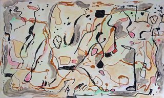 Untitled 2, Jan 2015, 30 x 60 inches, acrylic and oil, canvas. Part of Belbruno's recent art series, viewers of this piece can get lost in the scene among the curves and forms, showing another aspect of reality not normally evident to our senses.