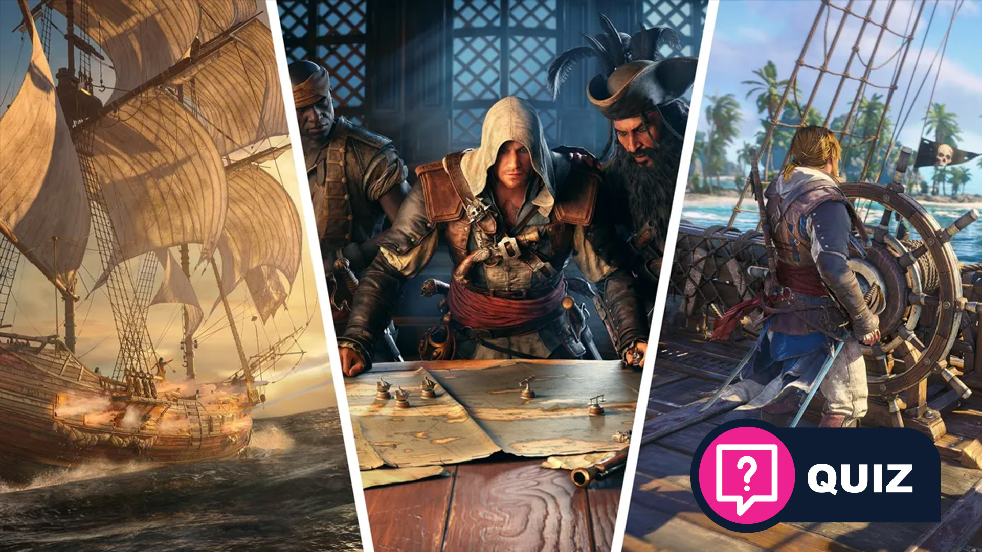 Image made up of three screenshots or images from Ubisoft's Assassin's Creed Black Flag Resynced.
