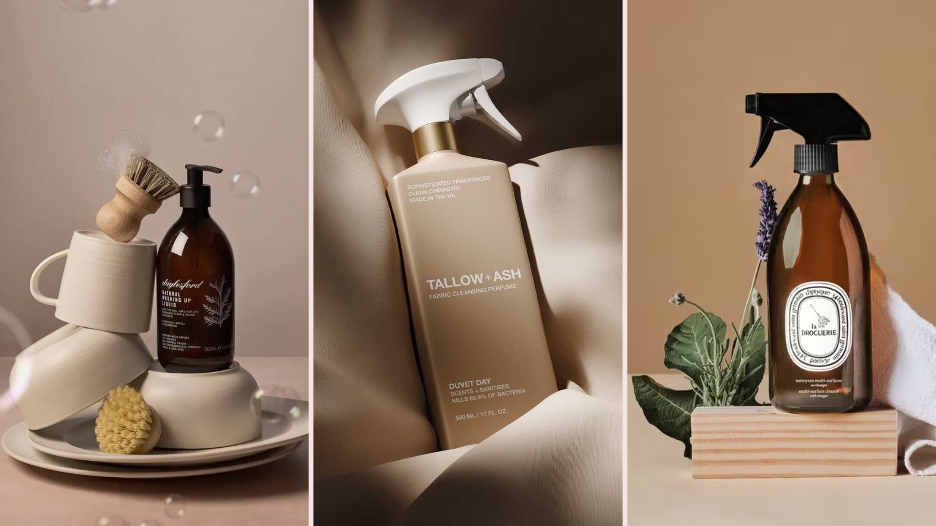 Three different cleaning products from Daylesford (a brush and pump), Tallow + Ash laundry spray and Diptyque cleaning spray on tonal, natural backgrounds