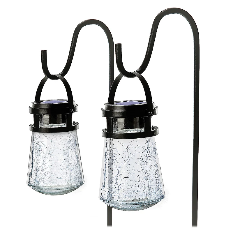 Home Zone Security&amp;reg; 10-Lumen Solar Crackle-Glass Led Lantern Path Lights With Shepherd Hook, 2 Pack in Black