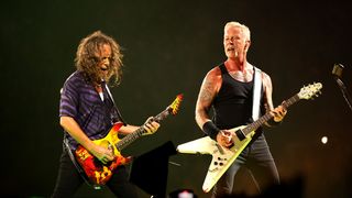 Kirk Hammett and James Hetfield onstage in East Rutherford, NJ