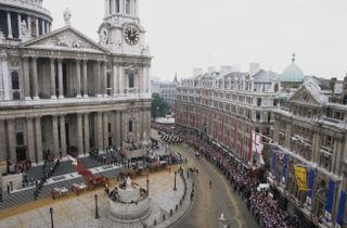An aerial view of St Paul's Cathedral with crowds outside, shortly after the wedding of Prince Charles and Princess Diana