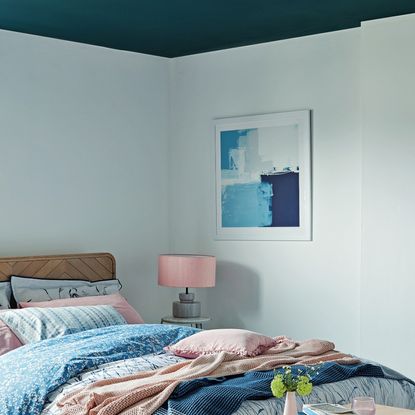 bedroom with blue wall and blue ceiling