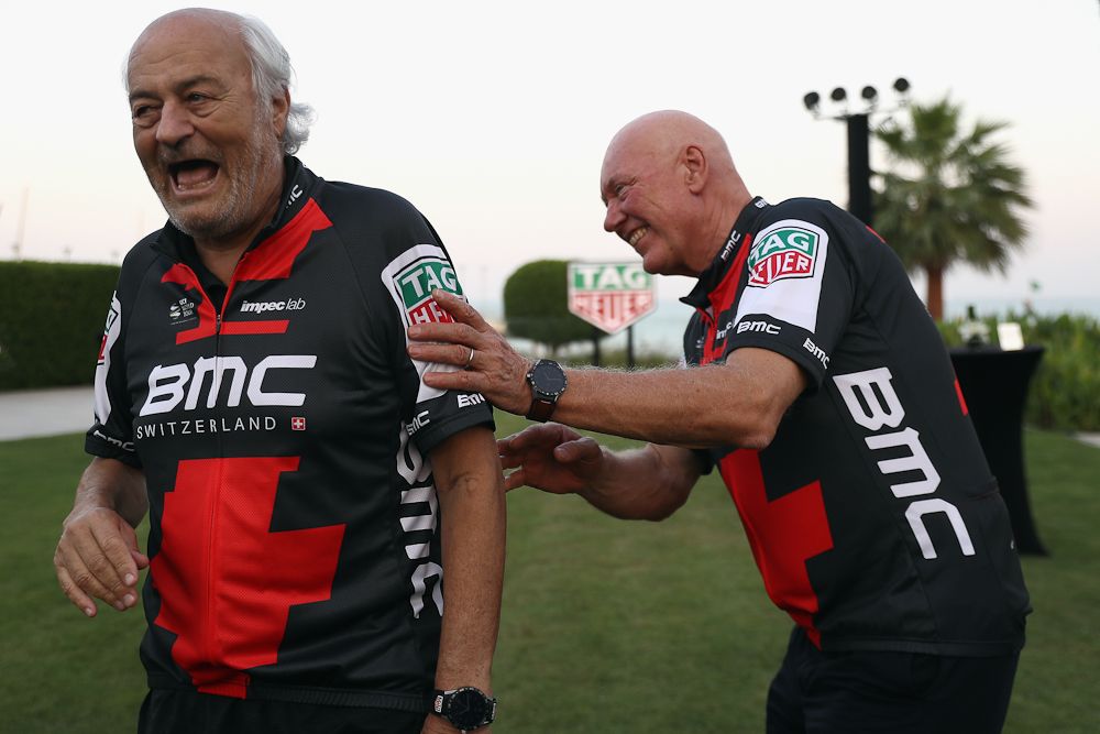 Jean-Claude Biver (l), TAG Heuer CEO and Andy Rihs - Proprietaire du BMC Racing Team attend a press conference to announce Tag Heuer as a new sponsor of the BMC Cycling team