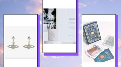 Three products from the astrology gifts buying guide - a pair of planet earrings, a candle and a set of tarot cards 