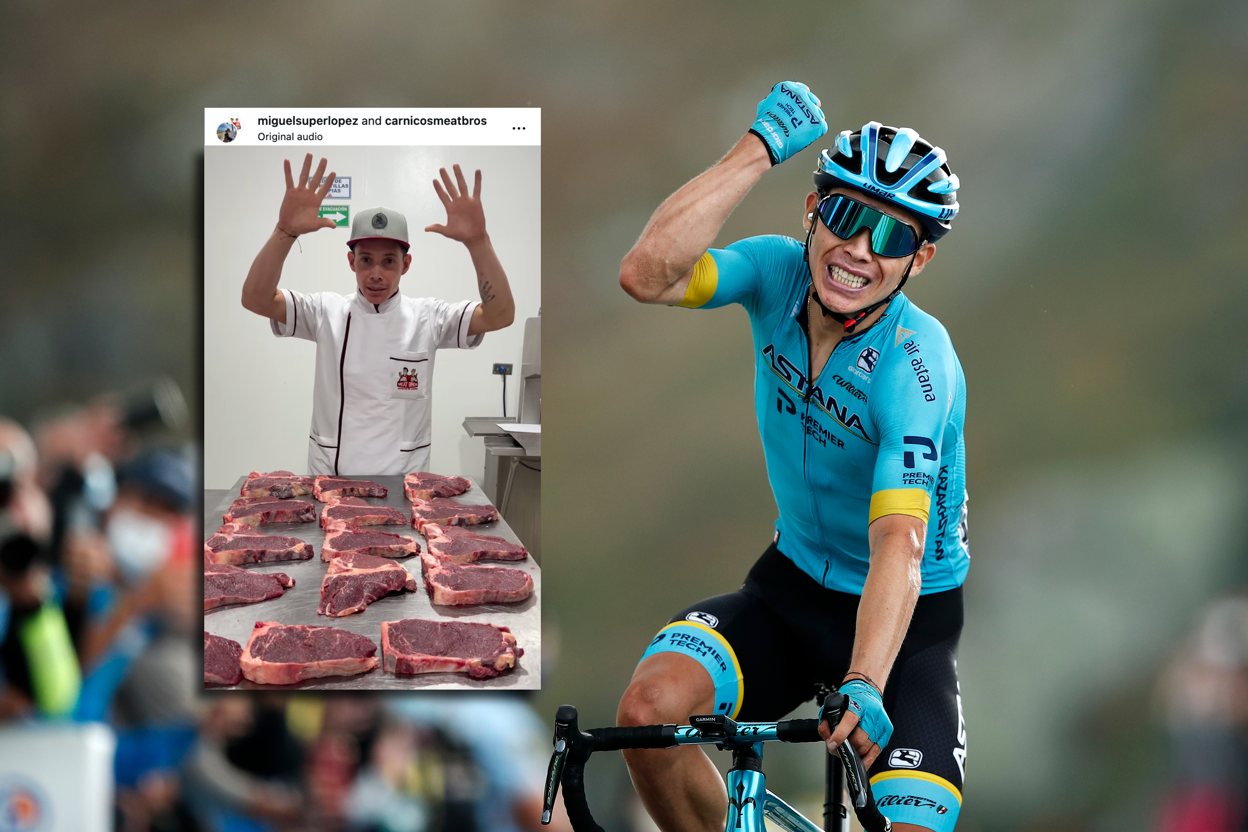 Miguel Angel Lopez celebrating a race win with an image embossed of him with steaks