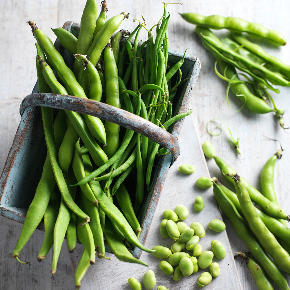 wooden box with beans and peas