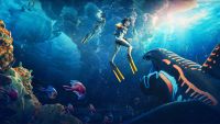 A diver turns and looks at a large grey and orange sea creature