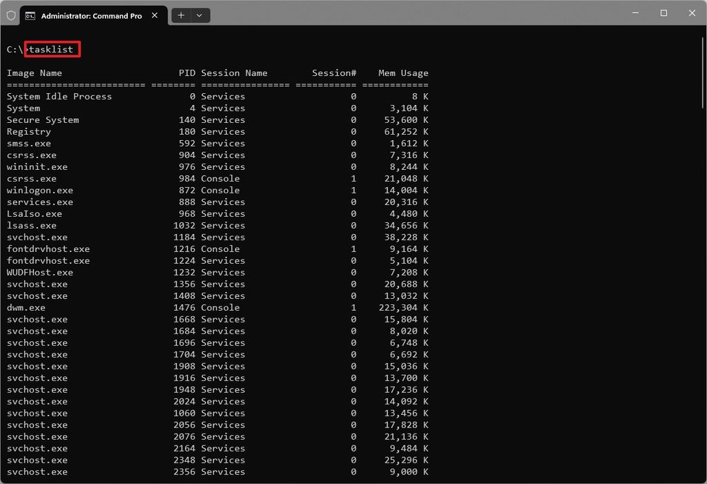 Command Prompt tasklist command